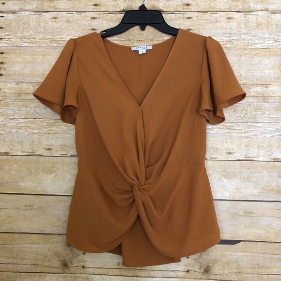 Favlux Mustard Yellow Knot Front Short Sleeve Blouse - Size Small - V-Neck Top - Picture 1 of 6